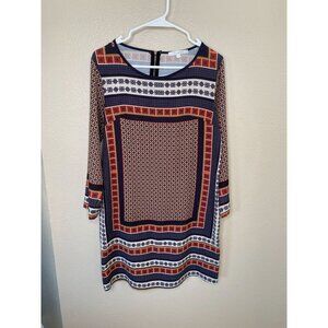 Joy & Co Womens Geometric Print Dress long Sleeves Zipper‎ M polyester round